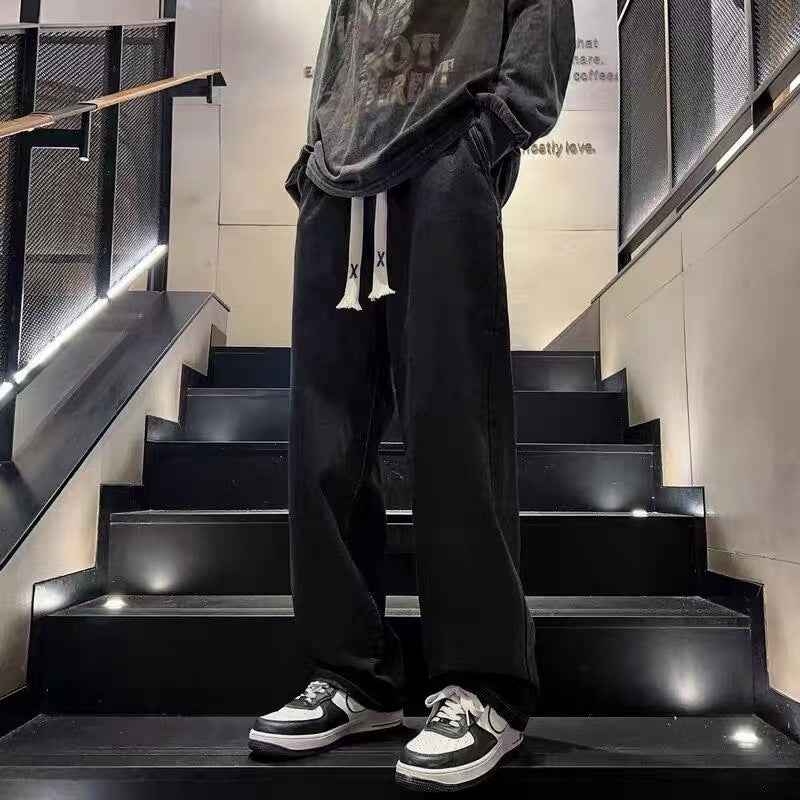 Retro Washed Straight Leg Drawstring Denim Jeans