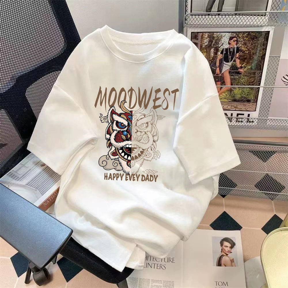 Loose Fit Bear Print Round Neck Short Sleeve T-Shirt