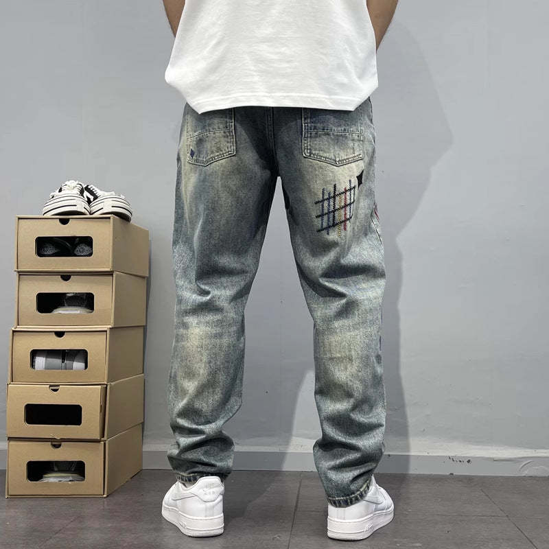 Washed Embroidered Loose Straight Leg Distressed Denim Jeans