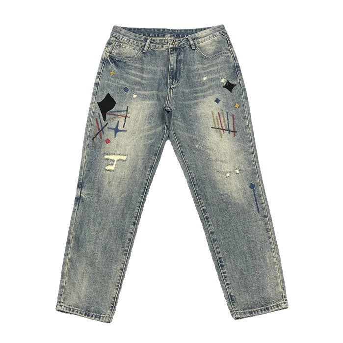Washed Embroidered Loose Straight Leg Distressed Denim Jeans