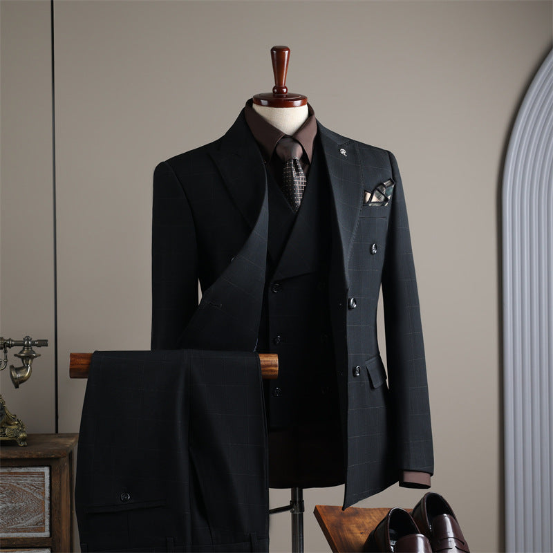 Slim Fit Double Breasted Plaid Business Suit Set