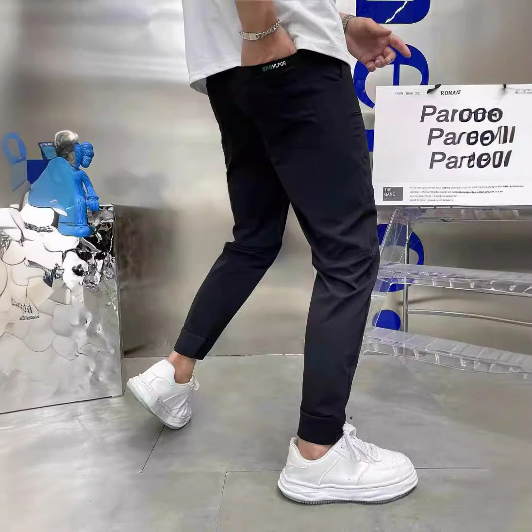 Ice Silk Stretch Slim Fit Ankle Cuff Casual Pants