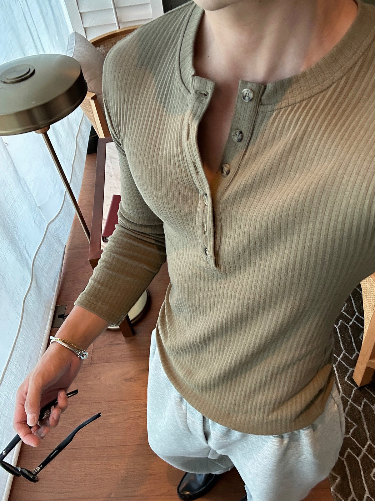 Slim Fit Cotton Blend Henley Long Sleeve T-Shirt