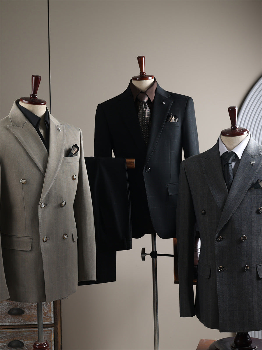 Slim Fit Double Breasted Plaid Business Suit Set