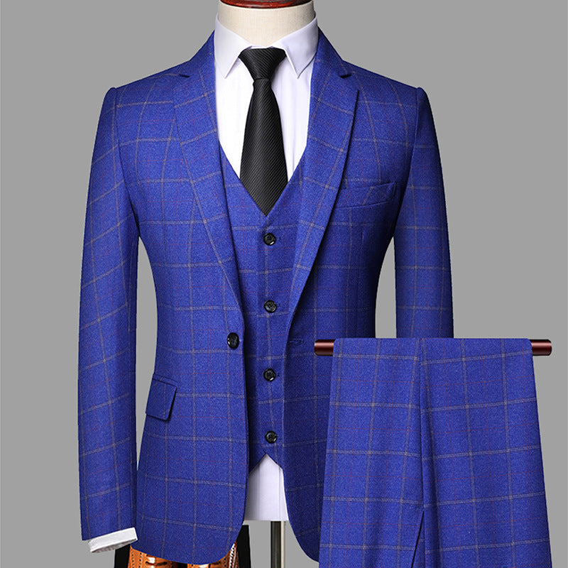 Slim Fit Plaid Three Piece Suit Jacket Vest and Trousers Set