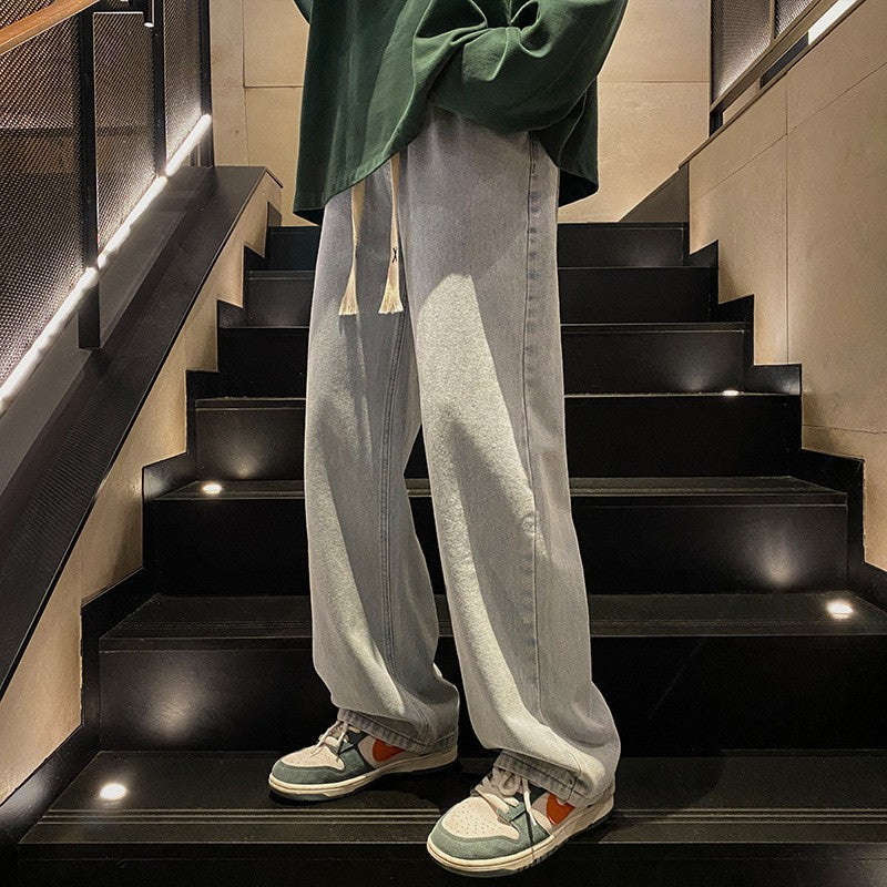 Retro Washed Straight Leg Drawstring Denim Jeans