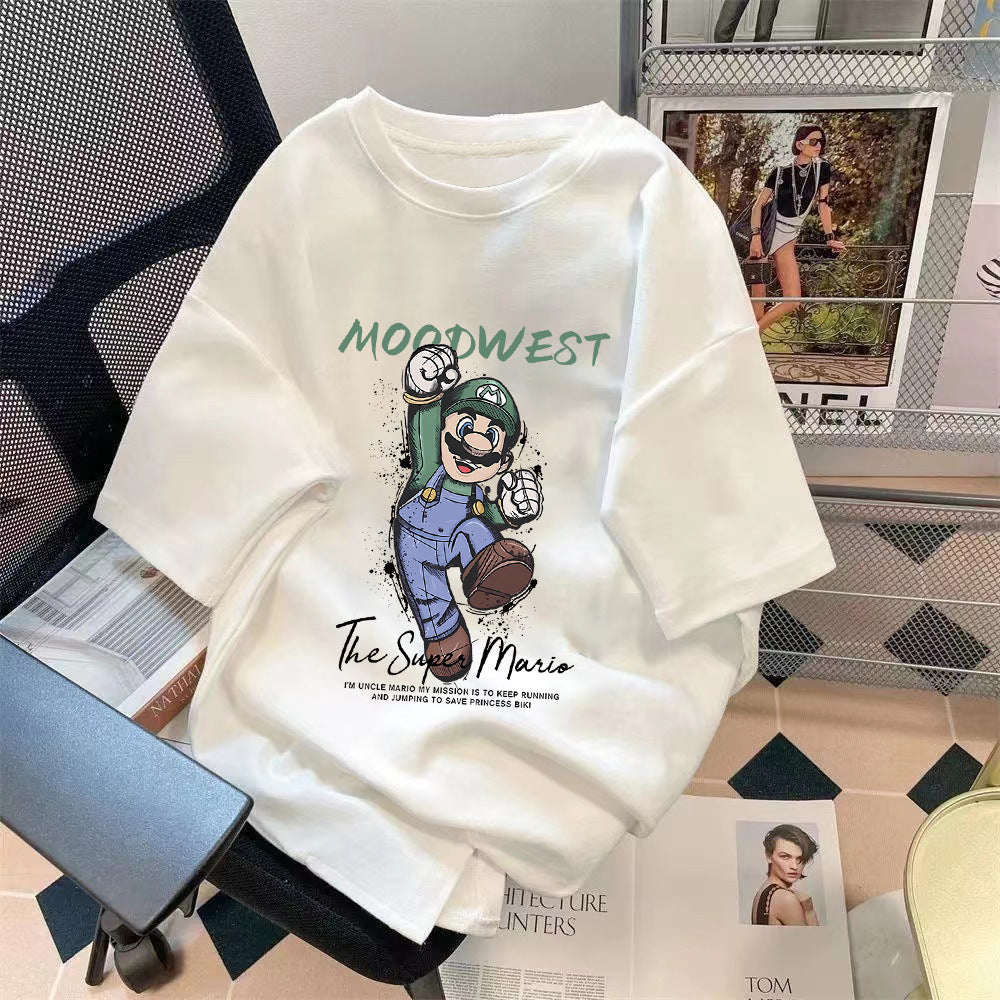 Loose Fit Bear Print Round Neck Short Sleeve T-Shirt