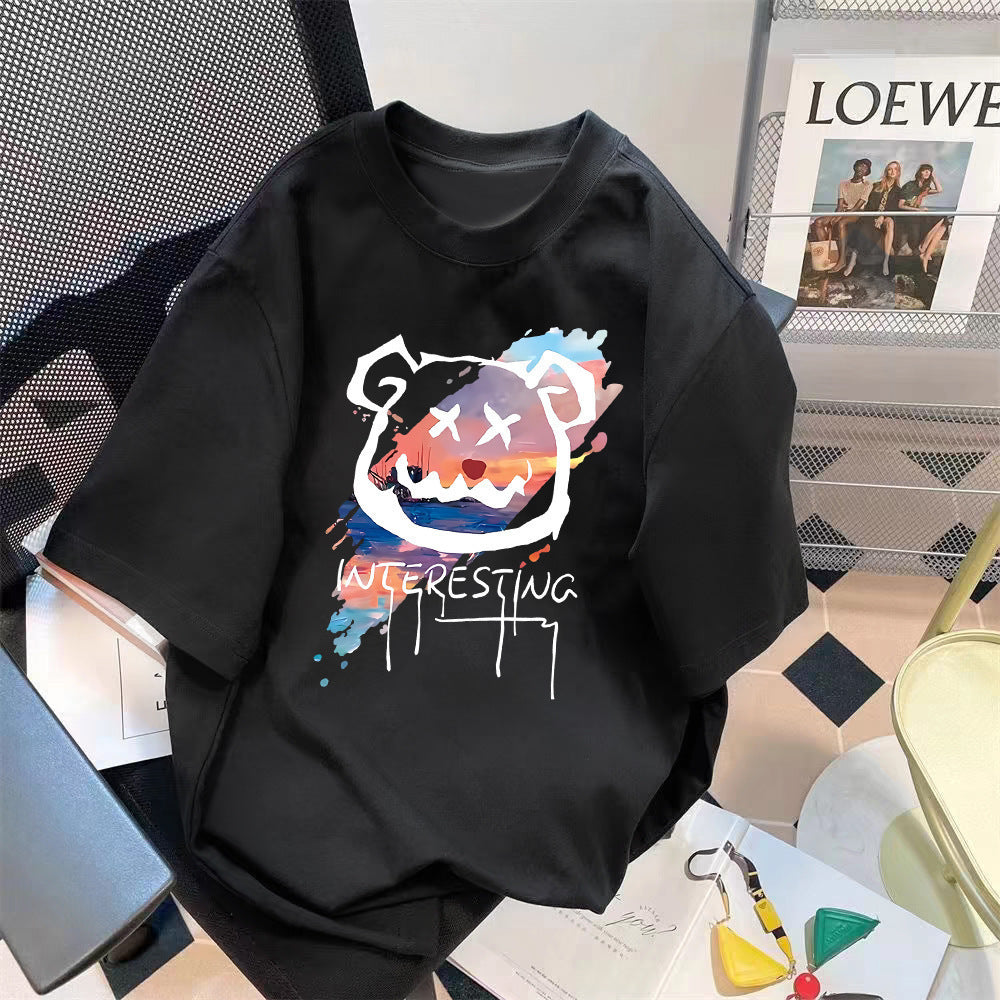 Loose Fit Bear Print Round Neck Short Sleeve T-Shirt