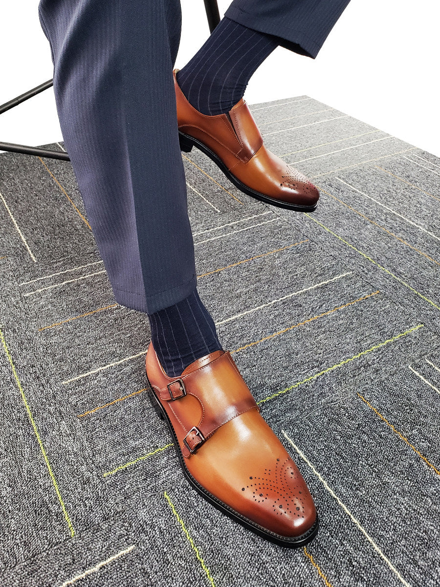 Italian Style Genuine Leather Monk Strap Pointed Toe Formal Shoes