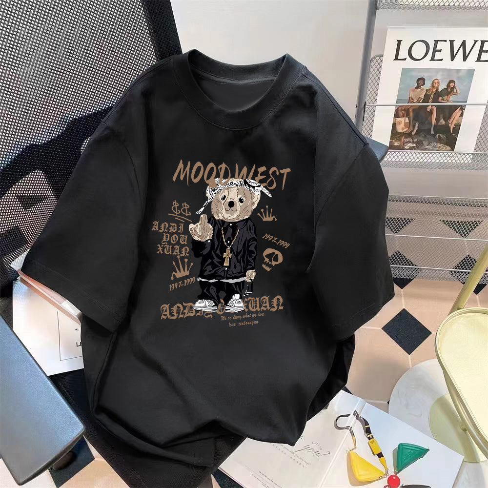Loose Fit Bear Print Round Neck Short Sleeve T-Shirt