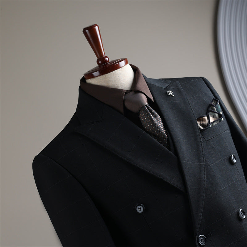 Slim Fit Double Breasted Plaid Business Suit Set