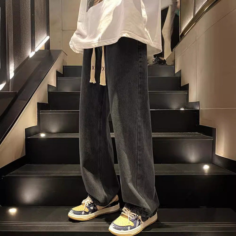Retro Washed Straight Leg Drawstring Denim Jeans