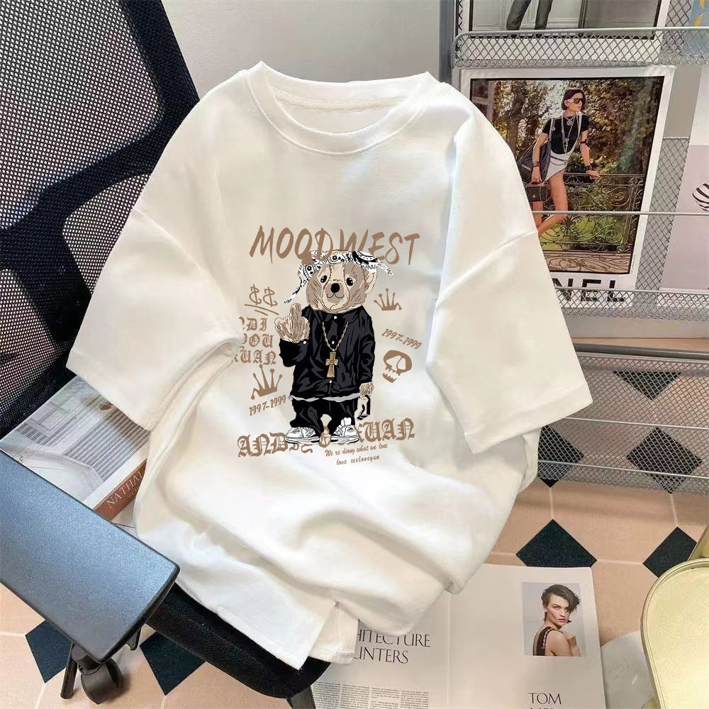 Loose Fit Bear Print Round Neck Short Sleeve T-Shirt