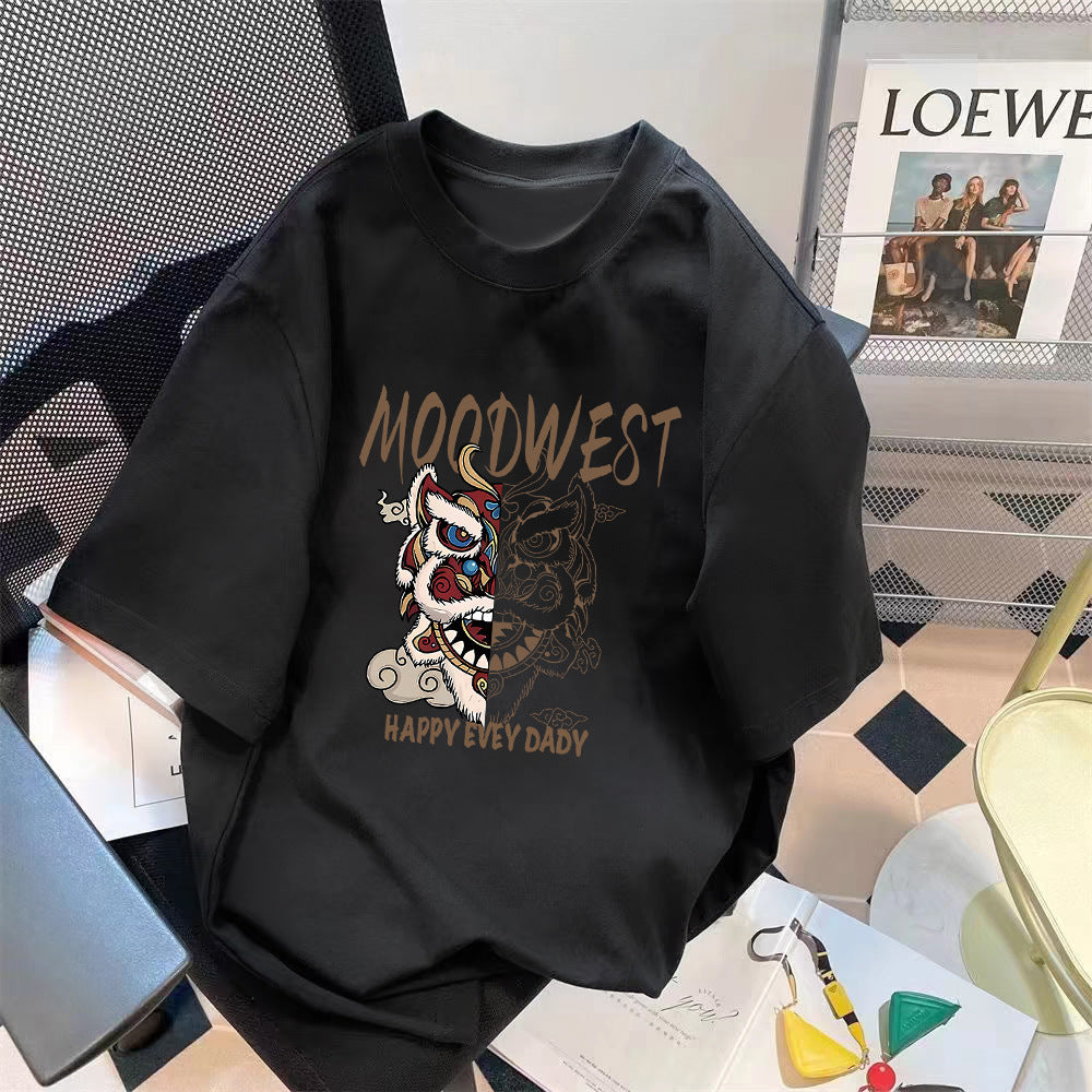 Loose Fit Bear Print Round Neck Short Sleeve T-Shirt