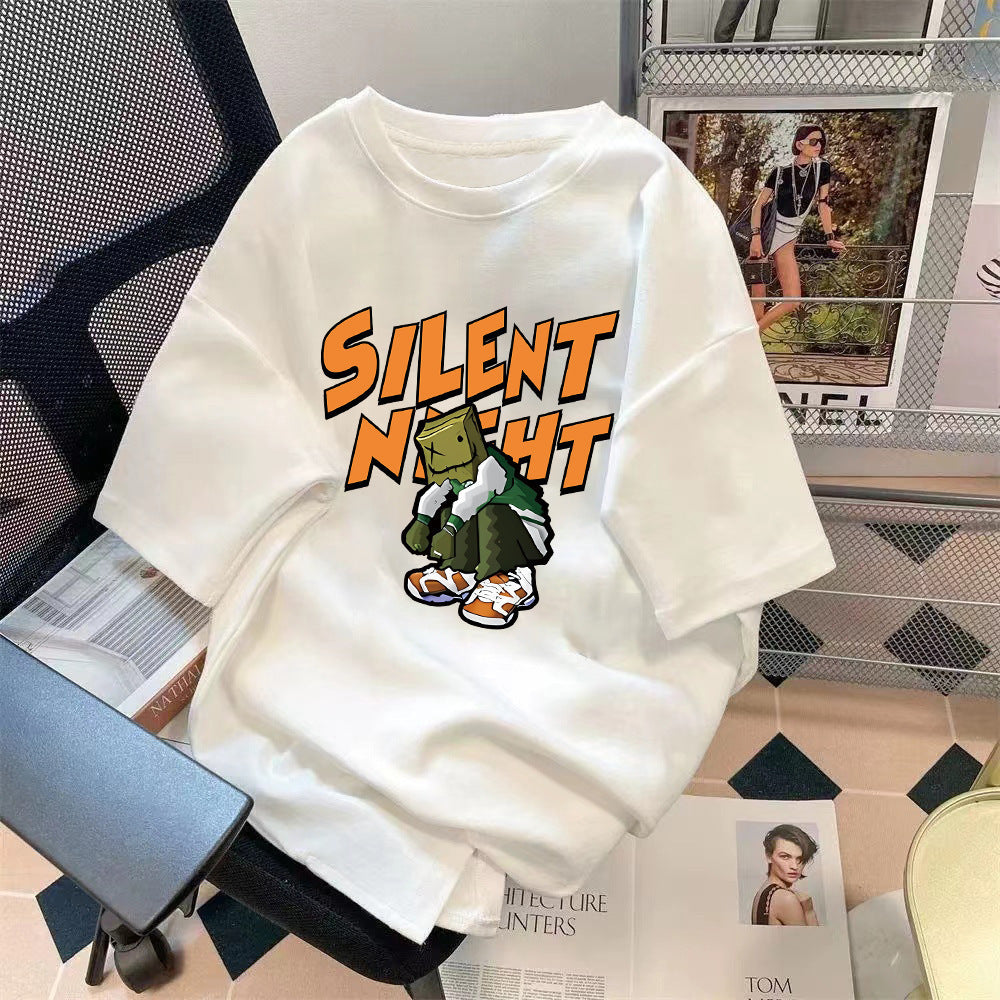 Loose Fit Bear Print Round Neck Short Sleeve T-Shirt