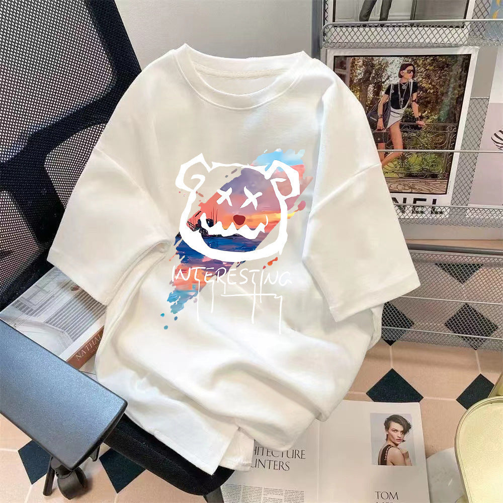 Loose Fit Bear Print Round Neck Short Sleeve T-Shirt