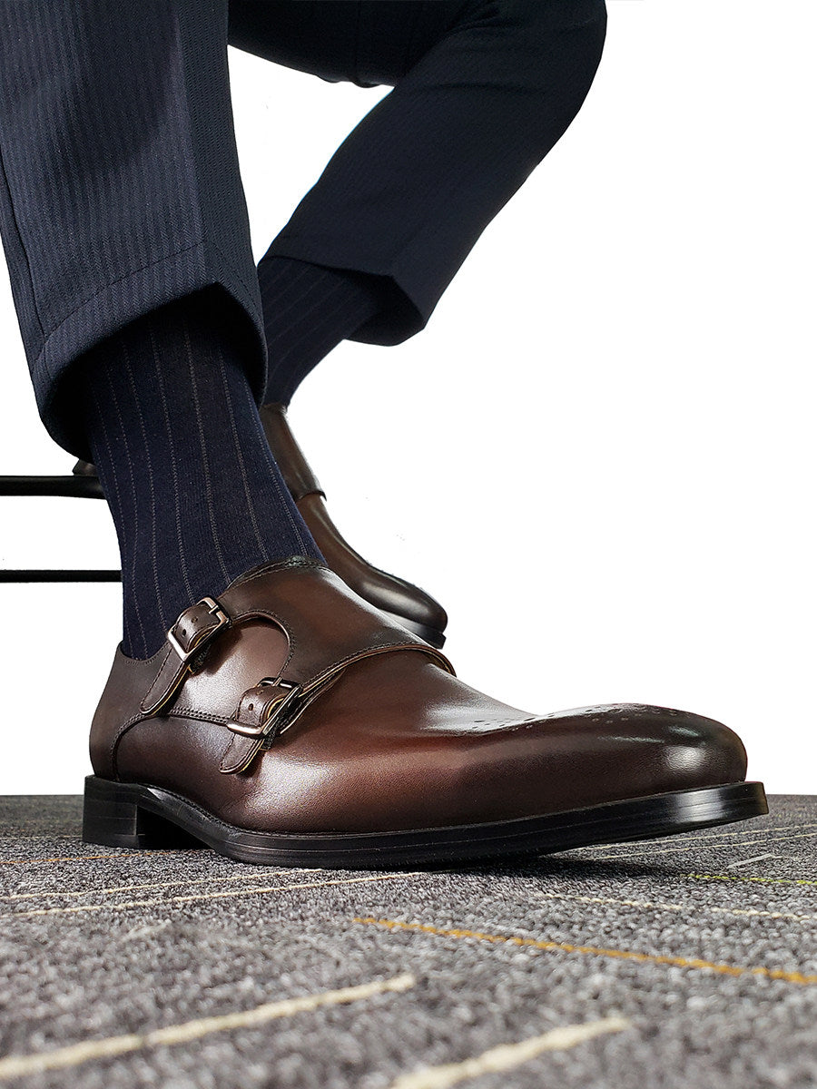 Italian Style Genuine Leather Monk Strap Pointed Toe Formal Shoes