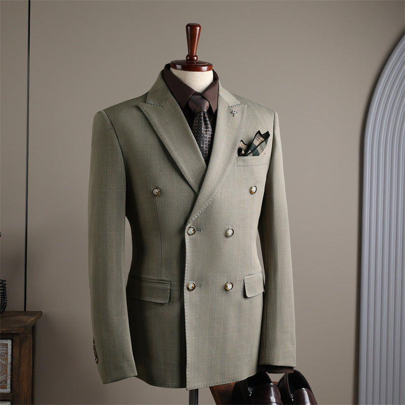 Slim Fit Double Breasted Plaid Business Suit Set