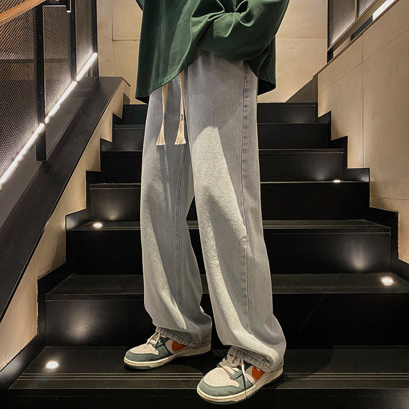 Retro Washed Straight Leg Drawstring Denim Jeans