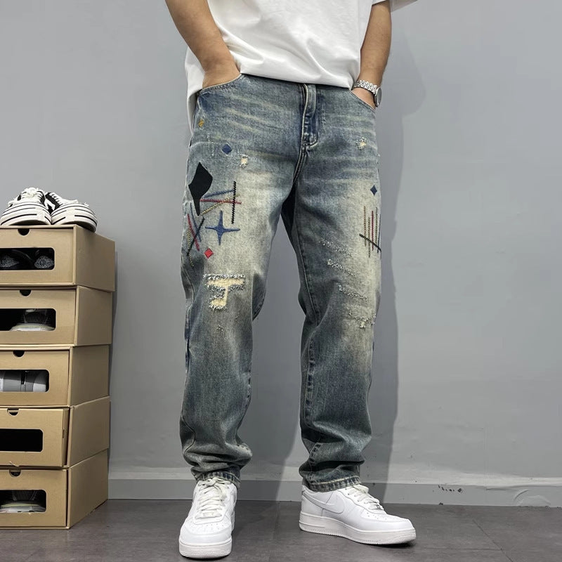 Washed Embroidered Loose Straight Leg Distressed Denim Jeans