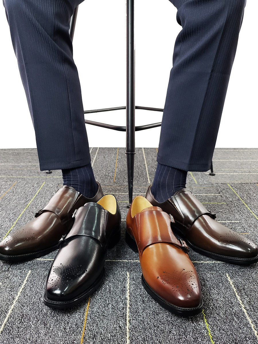 Italian Style Genuine Leather Monk Strap Pointed Toe Formal Shoes
