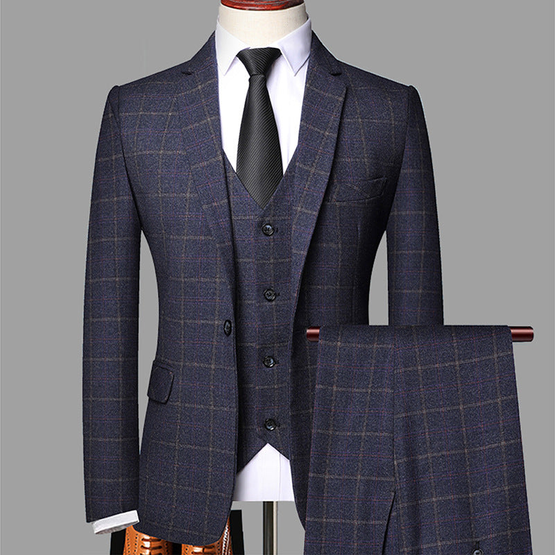 Slim Fit Plaid Three Piece Suit Jacket Vest and Trousers Set