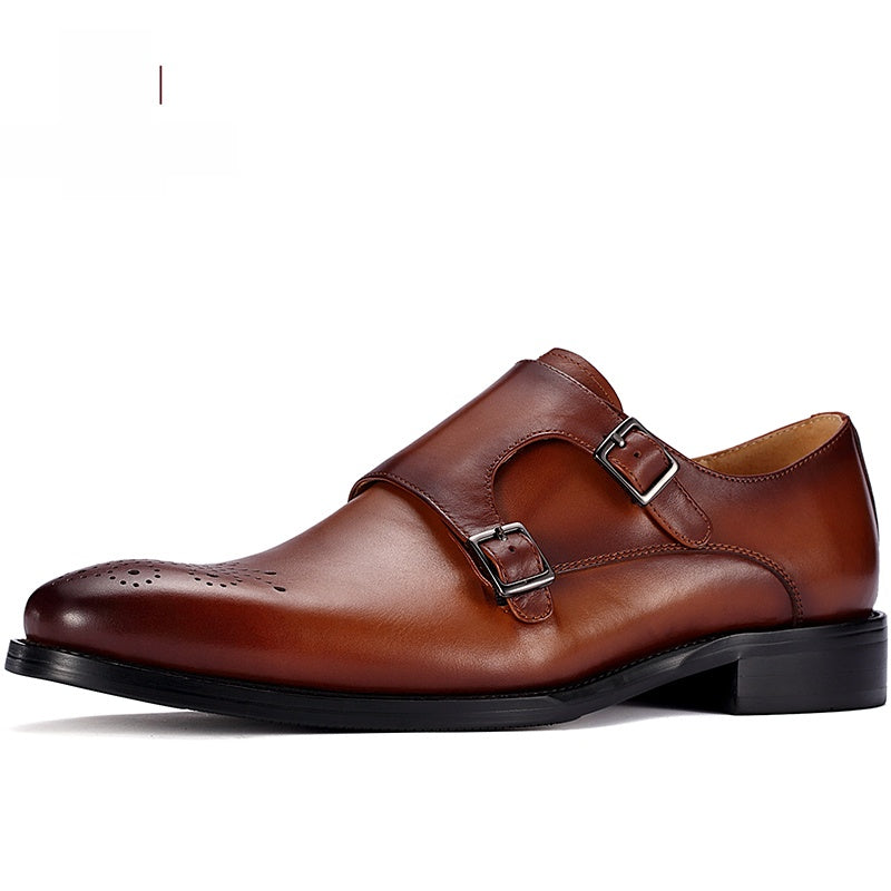 Italian Style Genuine Leather Monk Strap Pointed Toe Formal Shoes